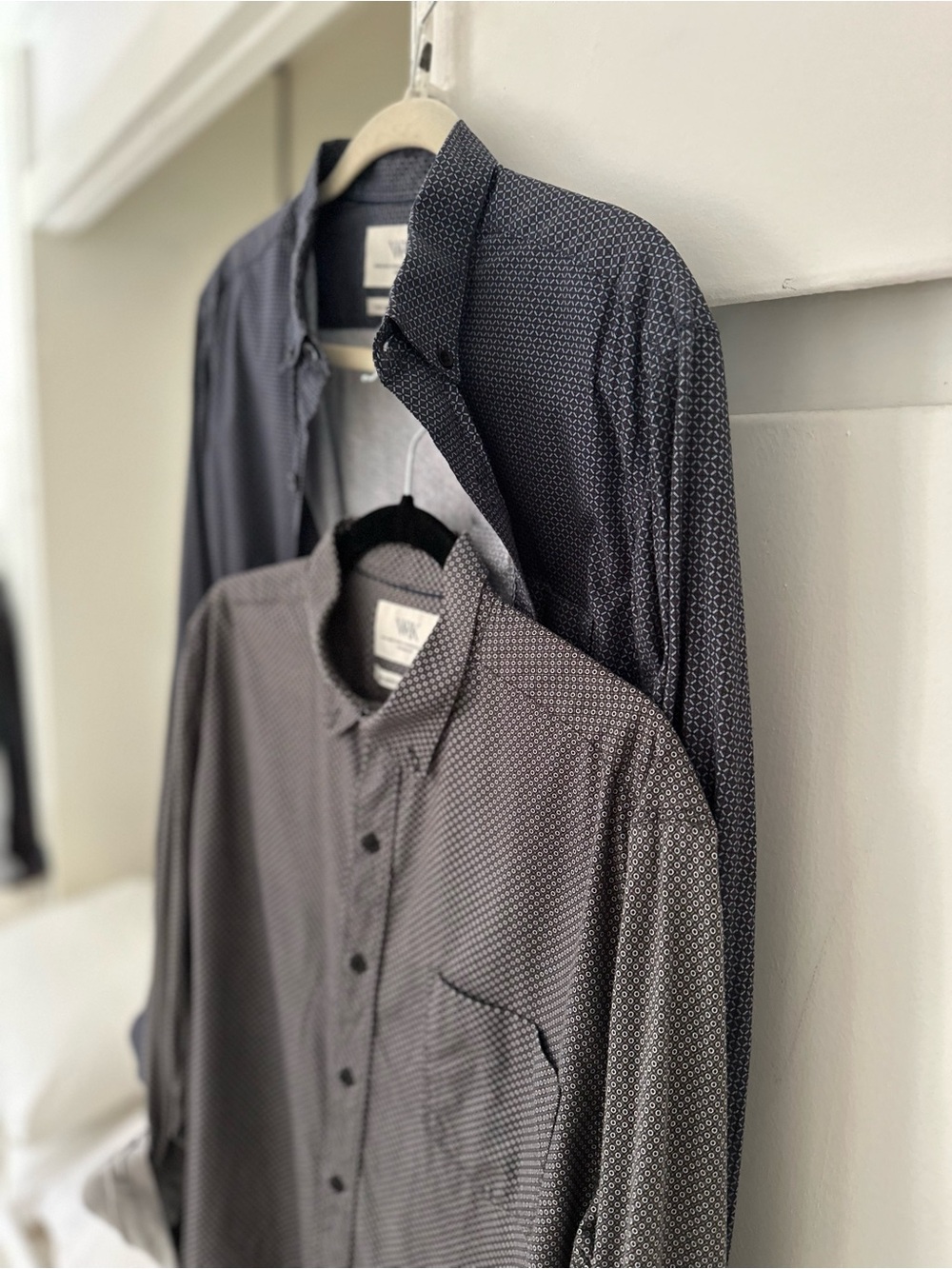 Two WRK Reworked Geometric Patterned Dress Shirts Men’s Large